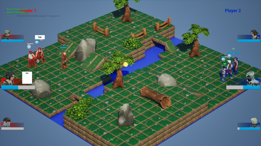 It's a tile-based battle arena. It's a green field, bisected by a river. Some trees and rocks decorate the area. On one side are three characters outlined in one color. On the other three characters outlined in another color. Above the characters float health bars, and right under them you can see icons depicting states. As an example, one of them has a snowflake indicating the character is frozen